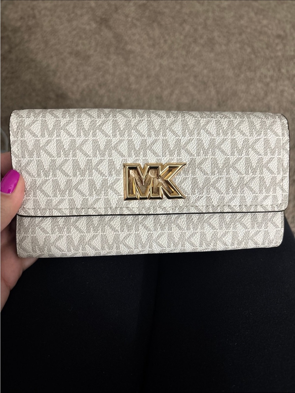Michael Kors Cream/White MK Logo Continental Wallet with Gold Hardware